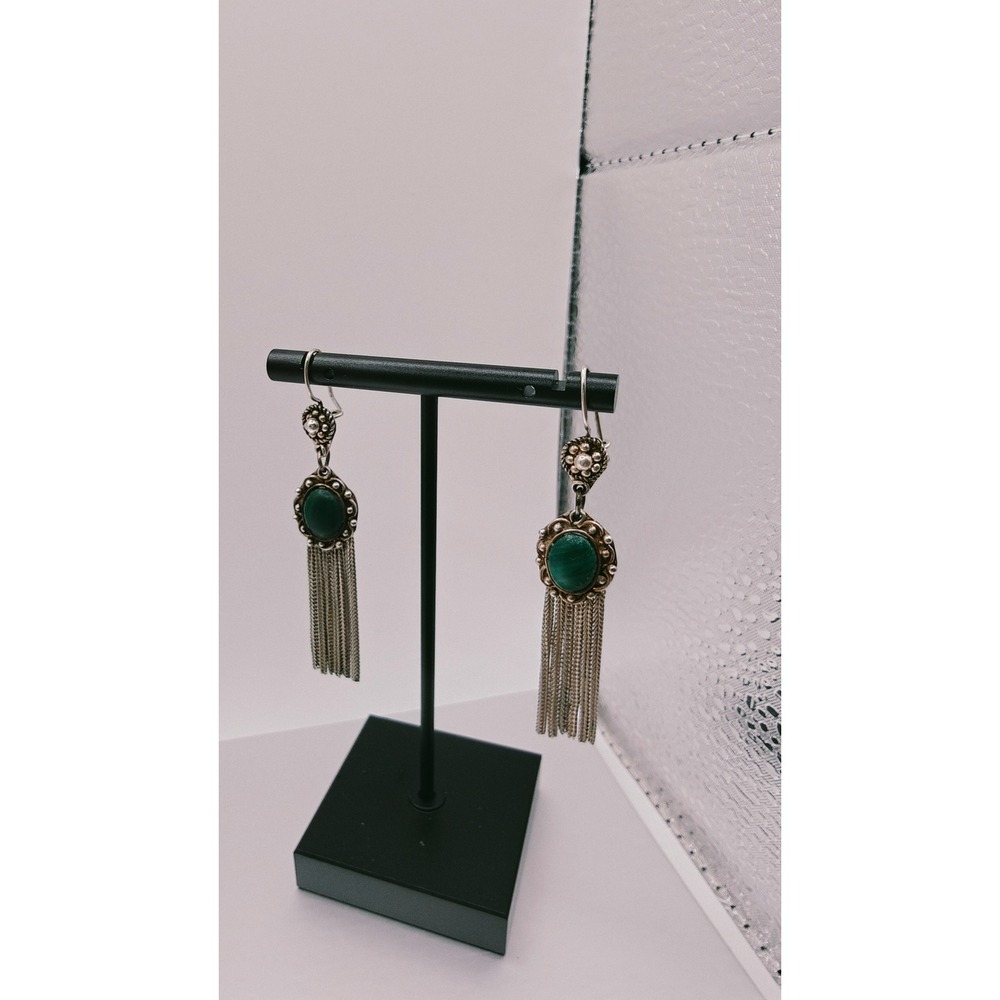Maluk Sterling Silver Malachite Tassel Dangle Earrings Vintage 925 Malachite